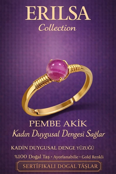 Sertifikalı Kadın Duygusal Denge Enerji Yüzüğü - Pembe Akik Ayarlanabilir Gold Terazi Boğa Burcu ürün görseli 1