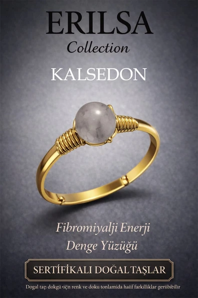 Sertifikalı Fibromiyalji Enerji Denge Yüzüğü – Kalsedon Taşı Ayarlamalı Gold İnce  Balık Kova Burcu ürün görseli 1