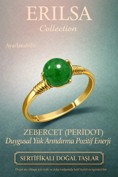 Sertifikalı Pozitif Enerji Yüzüğü – Zebercet Peridot Taşı Ayarlanabilir Gold İnce Kasa Aslan Başak Terazi ürün görseli 1