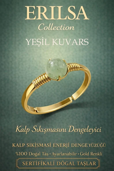 Sertifikalı Kalp Enerji Denge Yüzüğü – Yeşil Kuvars Taşı Ayarlamalı Gold Terazi Boğa Yengeç Burcu ürün görseli 1