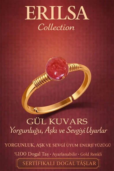 Sertifikalı Aşk ve Sevgi Uyum Enerji Yüzüğü - Gül Kuvars Taşı Ayarlanabilir Gold Boğa Terazi Burcu ürün görseli 1