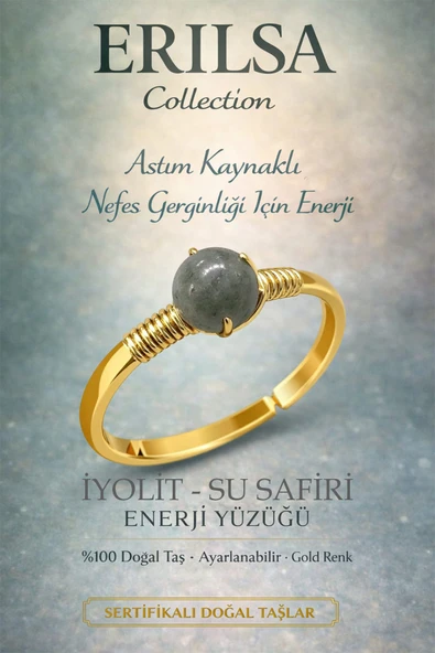 Sertifikalı Nefes Rahatlatıcı Enerji Yüzüğü – İyolit Taşı Ayarlamalı Gold İnce Kasa Balık Yay Burcu ürün görseli 1