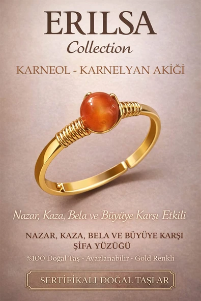Sertifikalı Nazar Kaza Bela Koruma Yüzüğü - Karneol Karnelyan Akik Gold Ayarlamalı Koç Başak Burcu ürün görseli 1