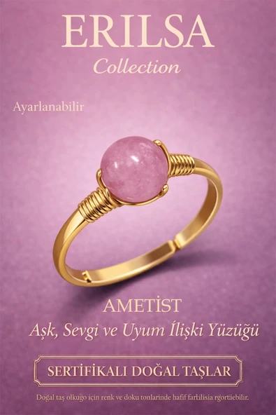 Sertifikalı Aşk Sevgi Uyum Enerji Yüzüğü – Ametist Taşı Ayarlanabilir Gold İnce Balık Kova Burcu ürün görseli 1