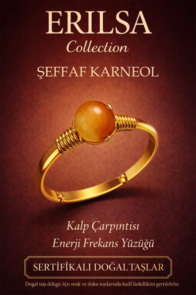 Sertifikalı Kalp Enerji Denge Yüzüğü – Şeffaf Karneol Ayarlanabilir Gold İnce Kasa Koç Aslan Burcu ürün görseli 1
