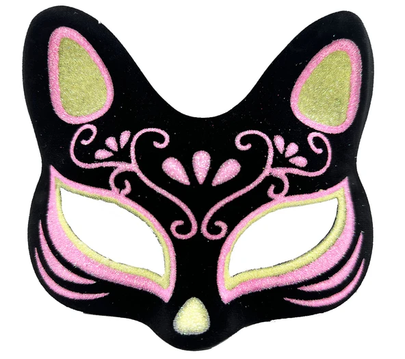 Siyah Renk Süet Kaplama Üzeri Sarı Pembe Simli Kedi Maskesi 17x14 cm (5250) ürün görseli 1