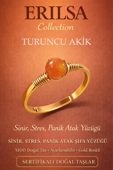 Sertifikalı Sinir Stres Panik Atak Yüzüğü – Turuncu Akik Taşı Ayarlanabilir Gold Kasa Koç Aslan Yay ürün görseli 1