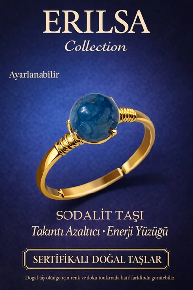 Sertifikalı Takıntı Azaltıcı Enerji Yüzüğü – Sodalit Taşı Ayarlamalı Gold İnce Kasa Kova Yay Başak ürün görseli 1