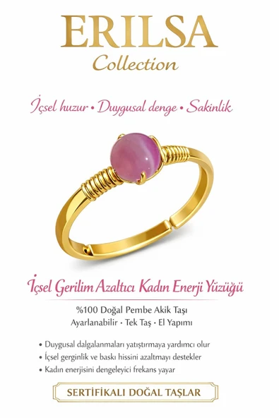 Sertifikalı Pembe Akik İçsel Gerginlik Azaltıcı Kadın Enerji Yüzüğü -Ayarlanamalı Gold Terazi Burcu ürün görseli 1