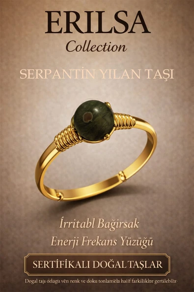 Sertifikalı Sindirim Enerji Denge Yüzüğü – Serpantin Taşı Ayarlanabilir Gold İnce Kasa Yengeç Balık ürün görseli 1