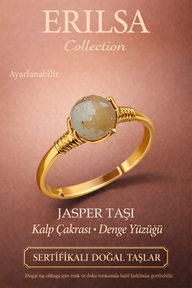 Sertifikalı Kalp Çakrası Denge Yüzüğü – Jasper Taşı Ayarlanabilir Gold Başak Oğlak Boğa Burcu ürün görseli 1