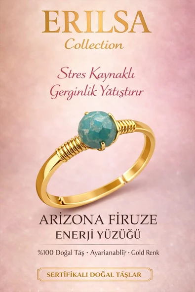 Sertifikalı Stres ve Sinir Denge Yüzüğü – Arizona Firuze Taşı Ayarlanabilir Gold Yay Kova Burcu ürün görseli 1
