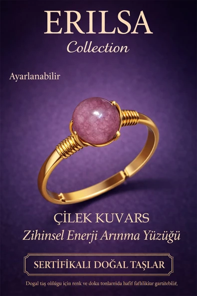 Sertifikalı Zihinsel Enerji Arınma Yüzüğü – Çilek Kuvars Taşı Ayarlamalı Gold İkizler Terazi Burcu ürün görseli 1