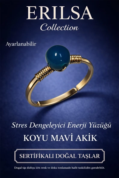 Sertifikalı Stres Dengeleyici Enerji Yüzüğü – Koyu Mavi Akik Ayarlamalı Gold İnce Oğlak Kova Burcu ürün görseli 1