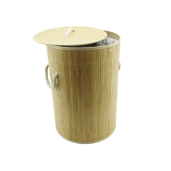 YUVARLAK BAMBU AHŞAP KİRLİ ÇAMAŞIR SEPETİ 35X60CM SEYYAR KAPAKLI İÇİ BEZLİ İP KULPLU (5250) ürün görseli 1