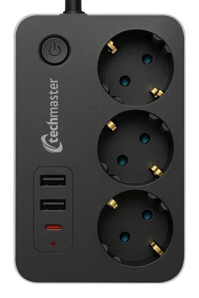 Techmaster 2 Usb + Type-C Akım ve Çocuk Korumalı 3lü Kare Priz 5mt ürün görseli 1