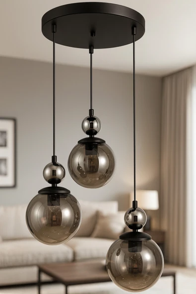 LİVORA LIGHTING Mira 3'lü Siyah Krom Füme Camlı Sarkıt Avize ürün görseli 1