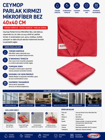 Ceymop Parlak Kırmızı Mikrofiber Bez 40x40 cm ürün görseli 1