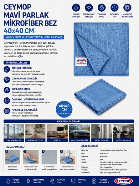Ceymop Mavi Parlak Mikrofiber Bez 40x40 cm ürün görseli 1