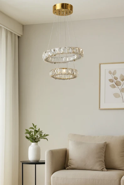 LİVORA LIGHTING Alfa Gold Kristal Taşlı 3 Renk Işıklı Modern Salon Avize ürün görseli 1