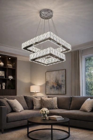2 Li Modern Kare Taşlı Sarkıt Led Avize - Resim 8