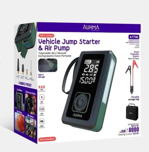 Auhma  A7700 4'ü 1 Arada Akü Takviye, Şarjlı Hava Pompası, Powerbank ve Dijital Fener ürün görseli 1