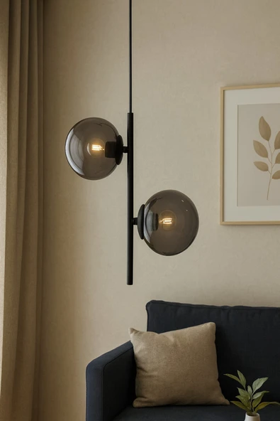 LİVORA LIGHTING Karel Siyah 2'li Top Füme Camlı Sarkıt Avize ürün görseli 1