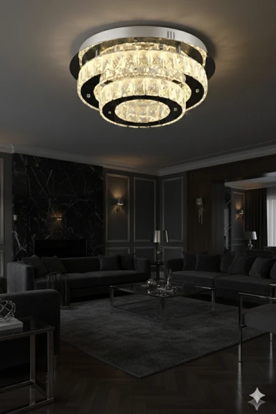 LİVORA LIGHTING Ahu Kristal Taşlı 3 Kademeli Modern Ledli Salon Avize ürün görseli 1