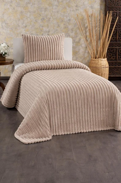 Granada Peluş Tek Kişilik Yatak Örtüsü Bej ürün görseli 1