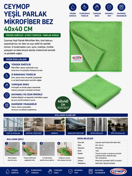 Ceymop Yeşil Parlak Mikrofiber Bez 40x40 cm ürün görseli 1