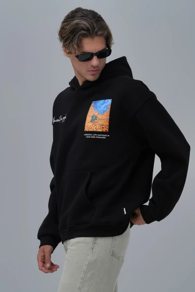 fame-stoned Van Gogh Yıldızlı Gece Esintili Baskılı %100 Pamuk Kapüşonlu Unisex Oversize Siyah Sweatshirt ürün görseli 1