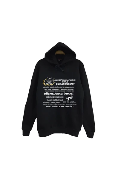 fame-stoned Düşme Ahmedim Baskılı Unisex %100 Pamuk Kapüşonlu Siyah Sweatshirt ürün görseli 1