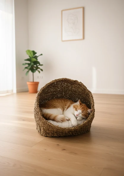 Oval Gölgelikli Hasır Kedi ve Köpek Yatağı, Kedi Evi Örme Sepet Minder dahil ürün görseli 1