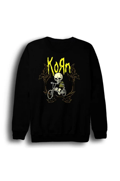 fame-stoned Korn Müzik Grubu Baskılı Unisex %100 Pamuk Bisiklet Yaka Siyah Sweatshirt ürün görseli 1