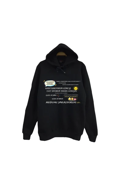 fame-stoned Doğdu Güneşim Baskılı Unisex %100 Pamuk Kapüşonlu Siyah Sweatshirt ürün görseli 1