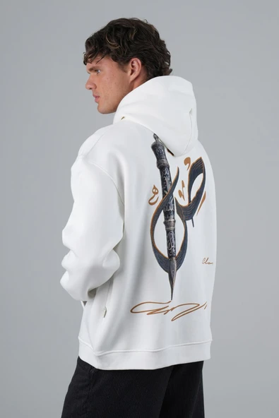 fame-stoned Ney Motif Baskılı Nakışlı %100 Pamuk Kapüşonlu Unisex Oversize Ekru Sweatshirt ürün görseli 1