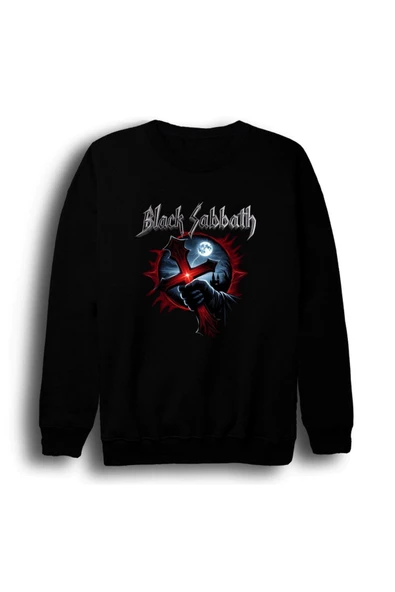 fame-stoned Black Sabbath Baskılı Unisex %100 Pamuk Bisiklet Yaka Siyah Sweatshirt ürün görseli 1