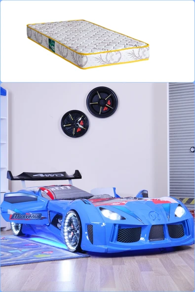 Arabalı Yatak, Audi Rüzgarlıklı Full Ledli Arabalı Yatak - Mavi 1 Adet Comfort Yatak ürün görseli 1