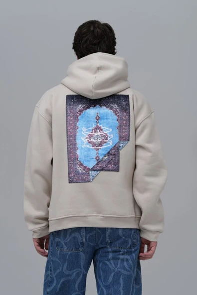 fame-stoned Center Motif Baskılı Nakışlı %100 Pamuk Kapüşonlu Unisex Oversize Ekru Sweatshirt ürün görseli 1