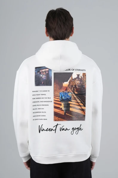 fame-stoned Vincent Van Gogh Metin Baskılı %100 Pamuk Kapüşonlu Unisex Oversize Ekru Sweatshirt ürün görseli 1