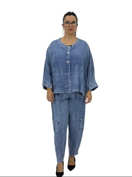 Büyük Beden Tensel Düğmeli Ön Cep Detaylı Kapri Kol Kadın Salaş İkili Takım ürün görseli 1