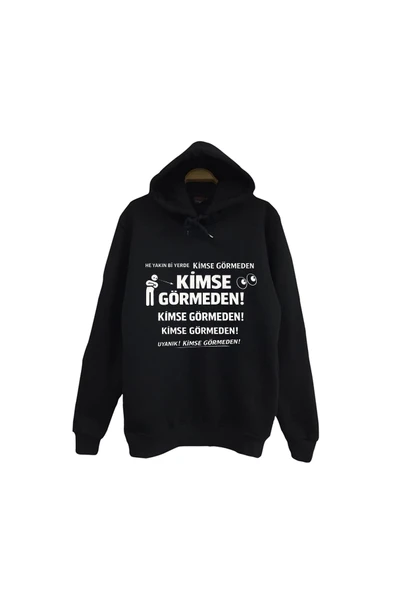 fame-stoned Kimse Görmeden Baskılı Unisex %100 Pamuk Kapüşonlu Siyah Sweatshirt ürün görseli 1