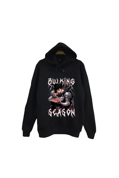 fame-stoned Berserk - Guts Baskılı Unisex %100 Pamuk Kapüşonlu Siyah Sweatshirt ürün görseli 1