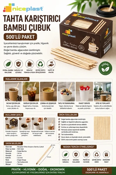 Niceplast Tahta Karıştırıcı Bambu Çubuk 500'lü ürün görseli 1