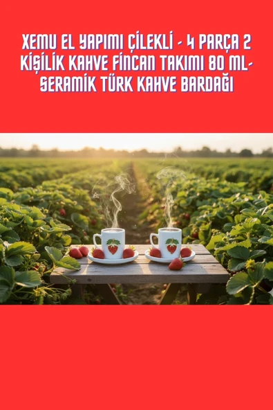 El Yapımı Çilekli - 4 Parça 2 Kişilik Kahve Fincan Takımı 80 Ml- Seramik Türk Kahve Bardağı ürün görseli 1
