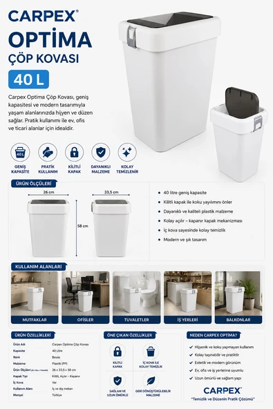 Carpex Optima Beyaz Çöp Kovası 40 L 26x33,5x58 cm ürün görseli 1