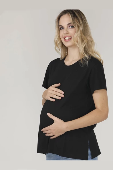 Nisanca Bisiklet Yaka Rahat Kalıp Modal Pamuklu Hamile Tshirt - Tişört ürün görseli 1