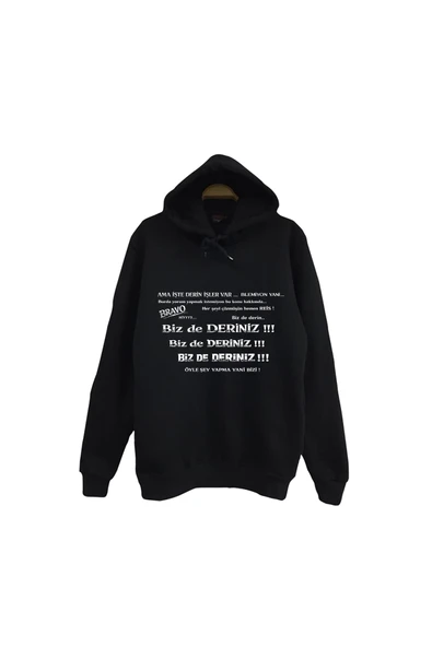 fame-stoned Bizde Deriniz Baskılı Unisex %100 Pamuk Kapüşonlu Siyah Sweatshirt ürün görseli 1