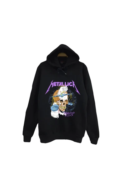 fame-stoned Metallica Baskılı Unisex %100 Pamuk Kapüşonlu Siyah Sweatshirt ürün görseli 1
