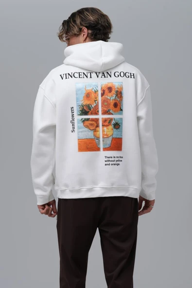 fame-stoned Vincent Van Gogh Ayçiçeği Baskılı Nakışlı %100 Pamuk Kapüşonlu Unisex Oversize Ekru Sweatshirt ürün görseli 1